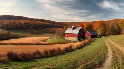 a landscape of a rural farm with a large red barn surrounded by fall colors 