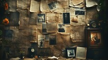 A Wall Covered By Vintage Photographic Papers, Old Film Negatives And Polaroid Texture