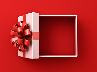 blank white gift box open or top view of white present box tied with red ribbon bow isolated on dark