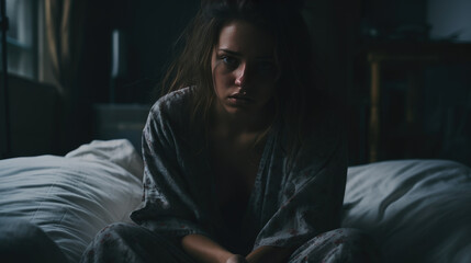 Wall Mural - Depressed woman lying in bed can't sleep late at morning with insomnia.