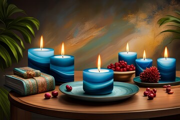 Wall Mural - Spa still life with aromatic candles and flowers on a wooden background