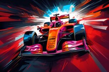 Formula One Racer. Art Of Fast Racing Car. F1 Driver Competing At High Speed