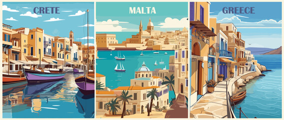 set of travel destination posters in retro style. crete, rethymno, greece, valetta, malta prints. eu