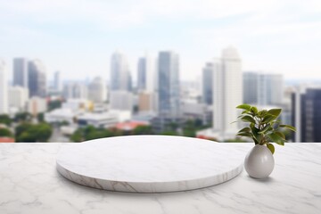 clean, minimalist shot of a white marble table against a blurry cityscape background. For product display