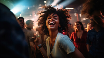 Canvas Print - Young girl dancing in a nightclub surrounded by friends.