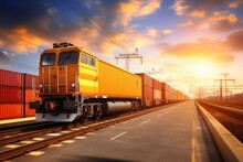 Global Business Of Container Cargo Freight Train For Business Logistics Concept, Air Cargo Trucking, Rail Transportation And Maritime Shipping, Online Goods Orders Worldwide