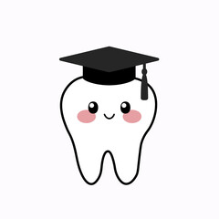 Wall Mural - Tooth with graduation hat kawaii icon. Clipart image isolated on white background