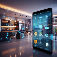 Smartphone with glowing screen and smart home app icons. Smart technology concept.