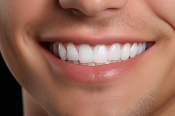 Sticker - Perfectly white healthy teeth of a smiling man close-up. Portrait with selective focus and copy space