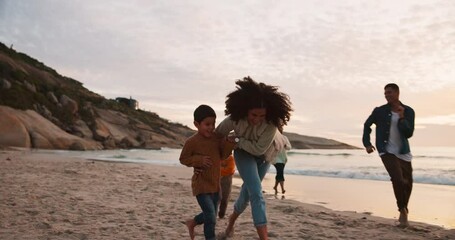 Canvas Print - Happy, running and freedom with big family at beach for travel, relax and vacation. Happiness, smile and grandparents with parents and children on holiday for sunset, playful and love together