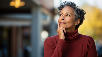 Sticker - elderly woman in a pensive pose in the nature background.