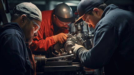 Wall Mural - Workers in an engine factory.