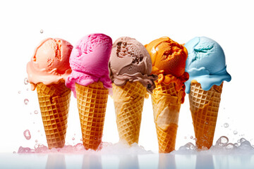 Poster - Row of ice cream cones with different flavors of ice cream in them.