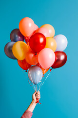 Sticker - Hand holding bunch of balloons against blue background in the air.