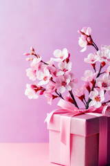 Canvas Print - Pink gift box with pink ribbon and bouquet of pink flowers.