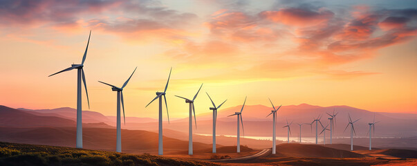 wind farm at sunrise color landscape background.