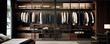 Modern wardrobe with sliding doors in tidy clean room. panorama photo