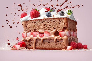 Wall Mural - Piece of chocolate cake with berries and chocolate splash on a background