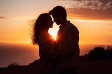 Couple In Love Silhouette At Sunset