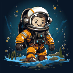 Canvas Print - Cartoon character in space suit walking through body of water with bubbles.