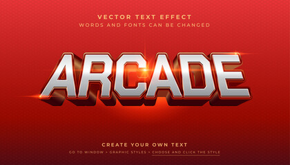 Wall Mural - Vector Editable 3D silver arcade text effect. Perspective game action graphic style on red background