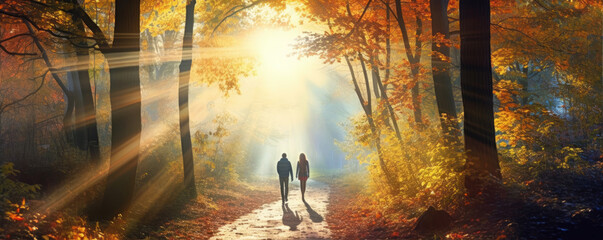 two lovers in autumn color forest. autumn nature wide or panorama photo