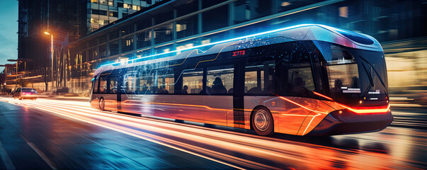 Wall Mural - Scifi or futuristic bus in motion in evening city.