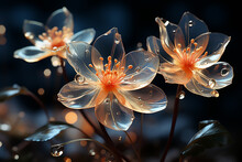 Beautiful Glass Flowers With A Dark Background And Shining In The Sunlight Are Fascinating. Generative AI.
