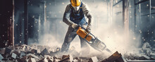 Worker On Construction Use Jackhammer Heavy Duty Equipment.
