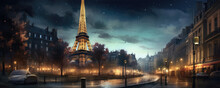 Fantasy Paris Eifel Tower In Night City Landscape.