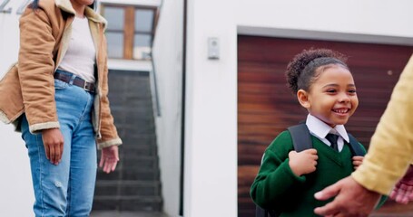 Wall Mural - Care, happy and a child greeting a mother in the morning for school and leaving with father. Smile, love and a young mom talking to a girl kid for education and kindergarten with a dad at a house