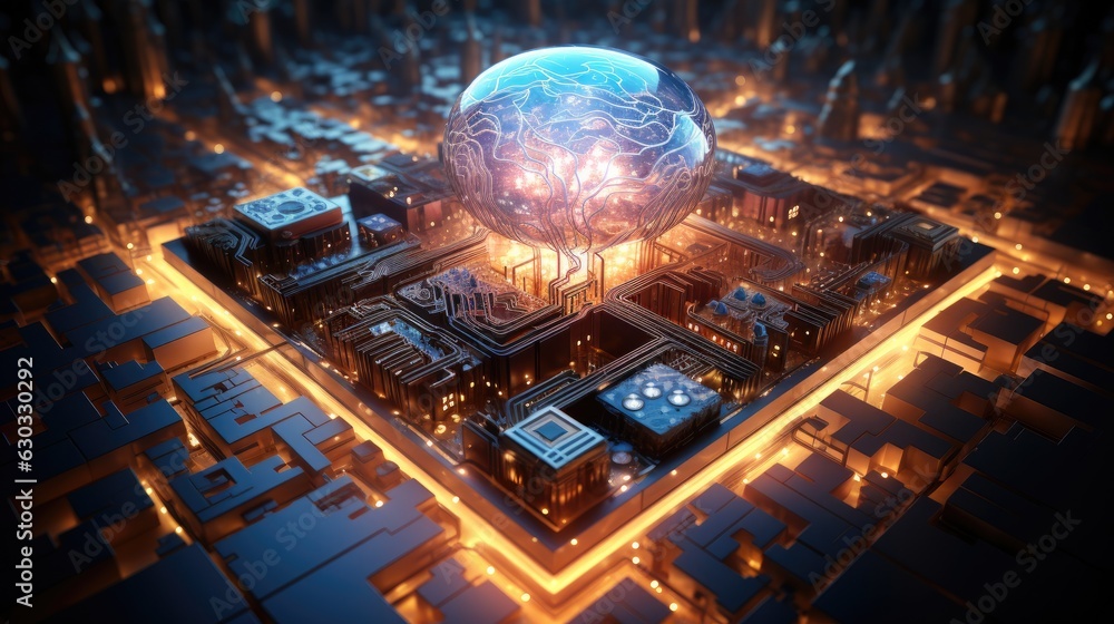 Human brain with circuit board, Ai chipset with human brain on computer circuit board. Artificial intelligence, Data mining, and Deep learning modern computer technology. Ai CPU concept.