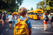 © ABCreative - A school-aged boy dressed in his favorite t-shirt wanders toward the school bus. Warm sunny day. Back to school. Fictional person. Generated Ai