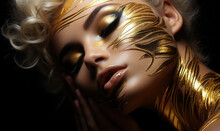 Beauty Woman Painted In Gold Skin Color Body, Gold Makeup, Lips, Eyelids In Gold Color Paint