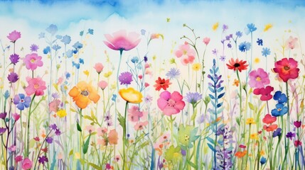 Wall Mural - Wildflowers field, floral with vivid colorful flowers, watercolor horizontal. Botanical AI illustration. Landscape, background. Paint design for natural wallpaper.