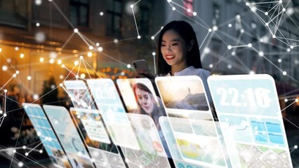 incredibly beautiful asian woman using an augmented reality phone to communicates via videocall, bro