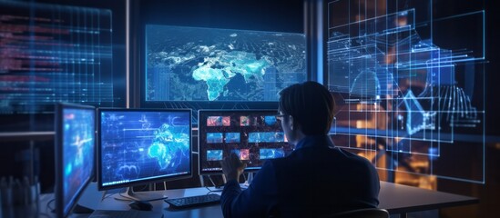 data analysis digital emgineer data code programer sourcing data code computer script working with monitor screen and digital display screen futuristic strategy business global,ai generate