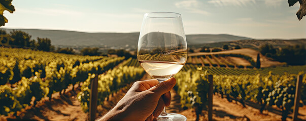 Vine glass in hand in sunset light. Vine degustation or tasting quality grapes in vineyard.