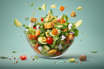 Wall Mural - Splash of vegetable salad with flying ingredients on black background. Mixed media. created with generative AI	