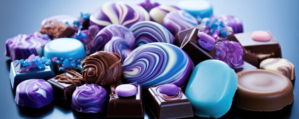 Purple or blue chocolate bars with chocolate box.