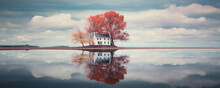 An Old House On The Edge Of Lake Or Water.