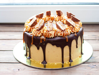 Wall Mural - Peanut butter cream cake with melted chocolate, candy bars, bites of peanuts and salted caramel on wooden background