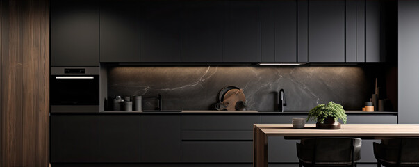 Interior large dark kitchen.