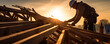 © Michal - Roof worker or carpenter building a wood structure house construction.