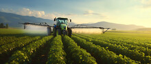Tractor Spraying Pesticides Fertilizer On Soybean Crops Farm Field
