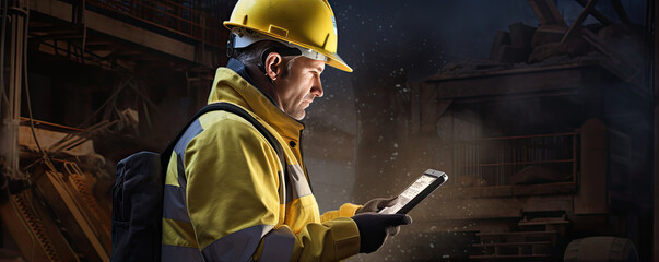 worker in yellow hard hat using phone at building construction.