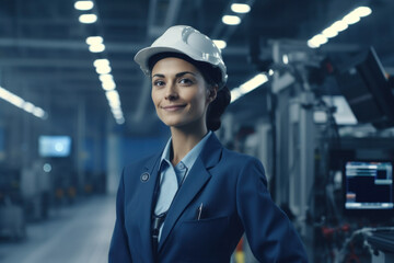 Wall Mural - Car factory office: Female Chief Engineer in hard hat, smiling at camera. High-tech electric vehicle manufacturing with automated robot arm assembly line.