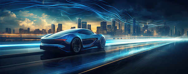 Wall Mural - Riding on a night city, futuristic drive concept.