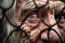 Alter Mann Schaut Durch Einen Zaun