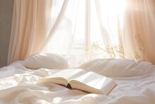 A Book Placed On A Bed With White Linen, Illuminated By The Gentle Morning Light Filtering Through The Curtains